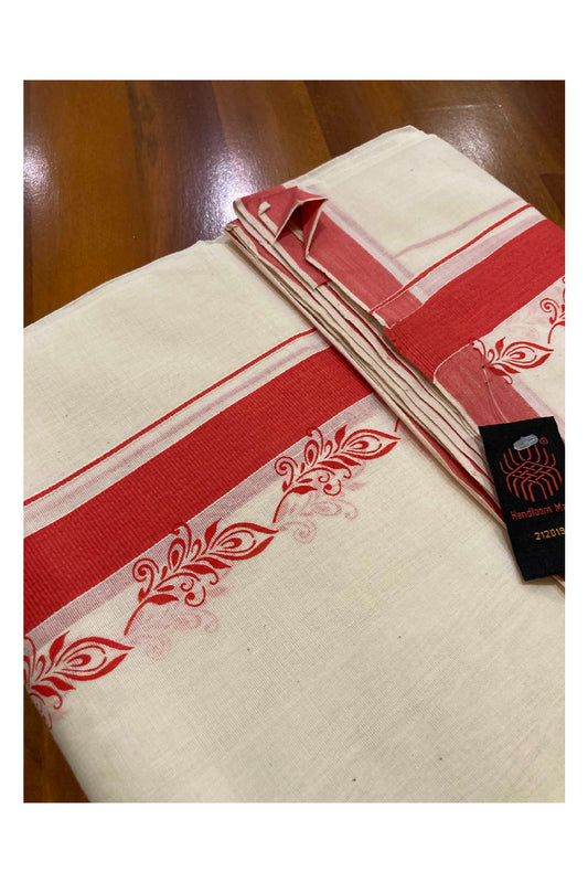 Southloom Balaramapuram Handloom Mundu with Red Block Printed Border