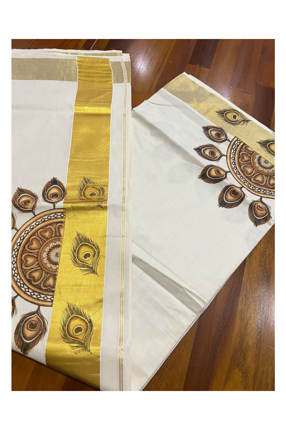 Pure Cotton Kerala Kasavu Saree with Mural Printed Brown Feather Semi Circle Design