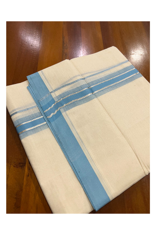 Pure Cotton Off White Double Mundu with Silver Kasavu and Light Blue Border (South Indian Dhoti)