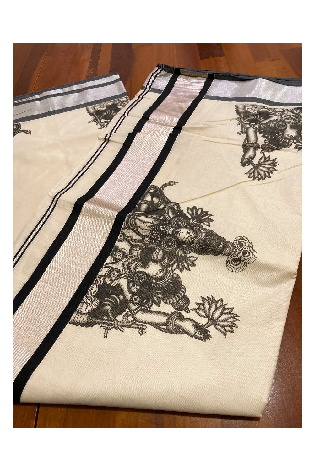 Kerala Pure Cotton Silver Kasavu Saree with Krishna Radha Mural Prints