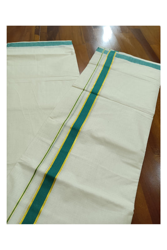 Off White Kerala Double Mundu with Kasavu and Green Kara (South Indian Dhoti)