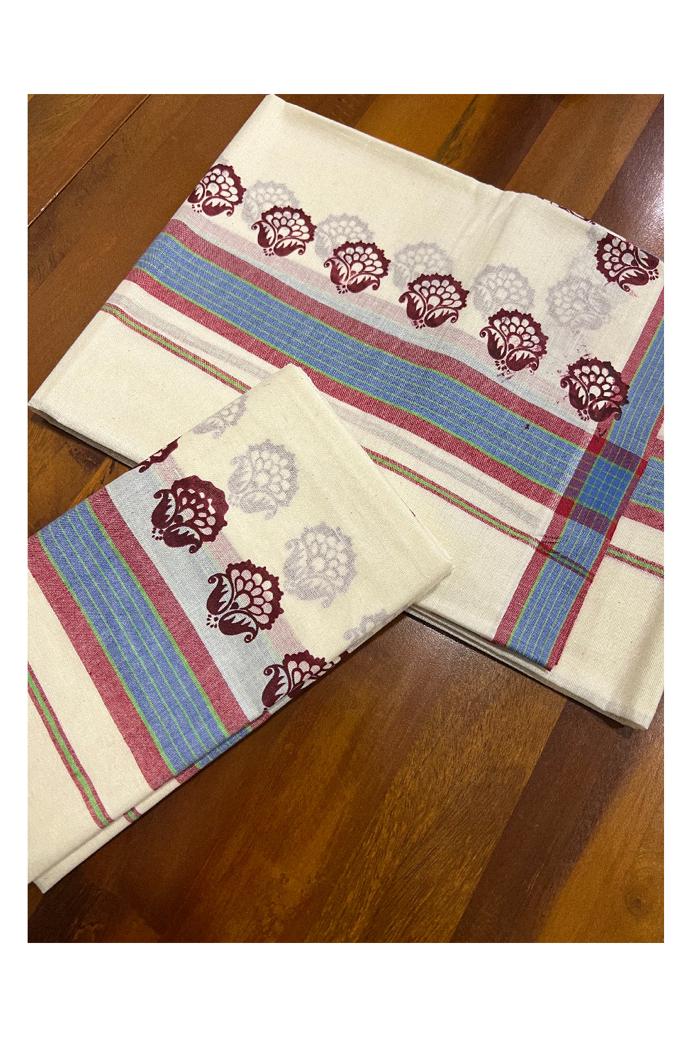 Kerala Cotton Mulloth Mundum Neriyathum Single (Set Mundu) with Maroon Floral Block Print Border (Extra Soft Cotton)