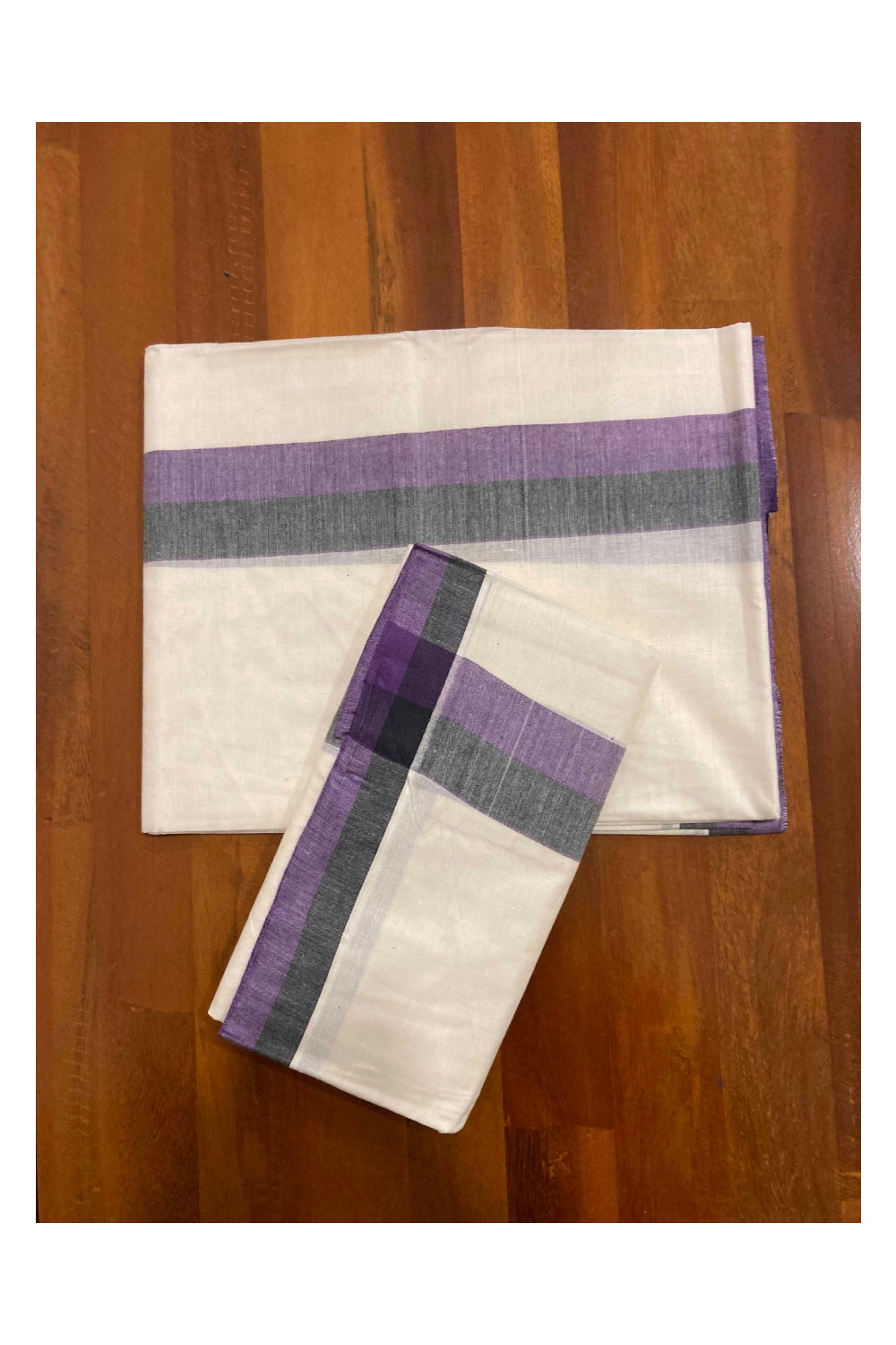 Kerala Cotton Mundum Neriyathum Single (Set Mundu) with Mulloth Design Purple and Black Border (Extra Soft Cotton)