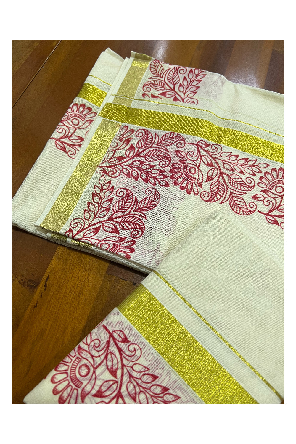 Kerala Cotton Kasavu Set Mundu (Mundum Neriyathum) with Red Floral Block Prints on Border