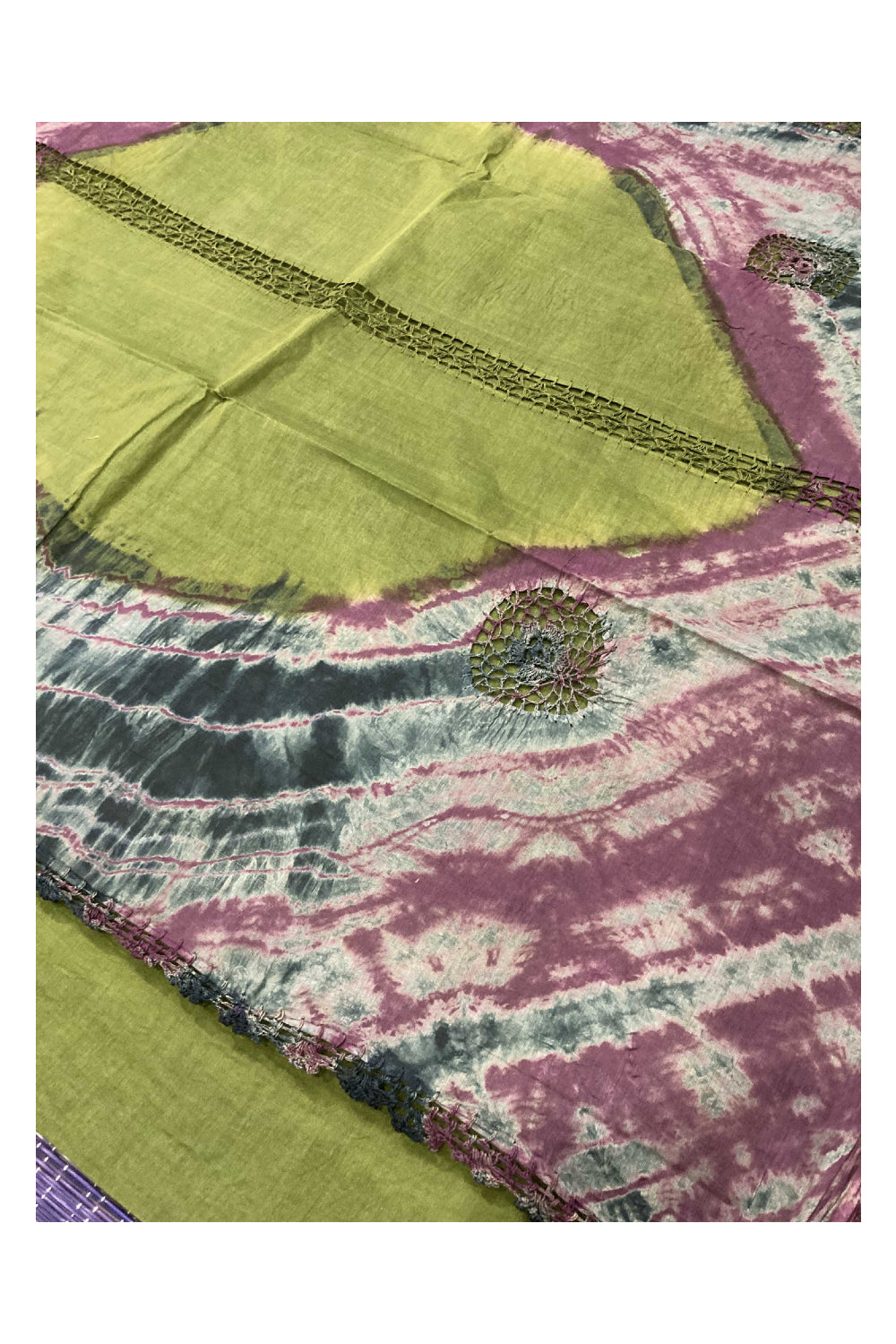 Southloom Cotton Green Saree with Woven Crochet Design and Purple Border