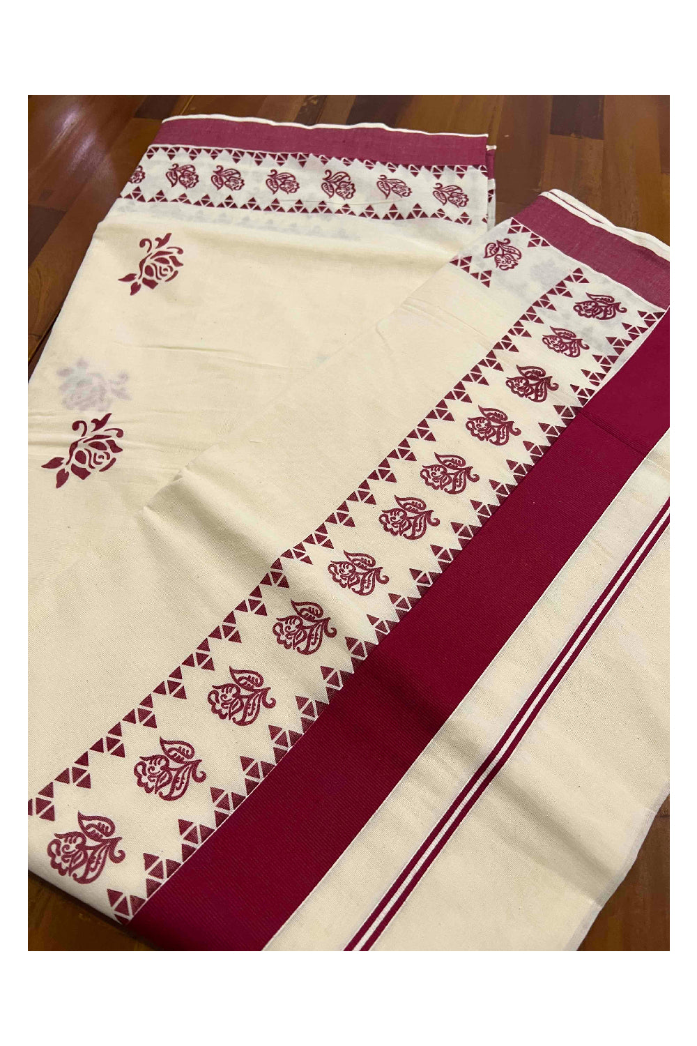 Pure Cotton Kerala Saree with Maroon Floral Block Printed Border