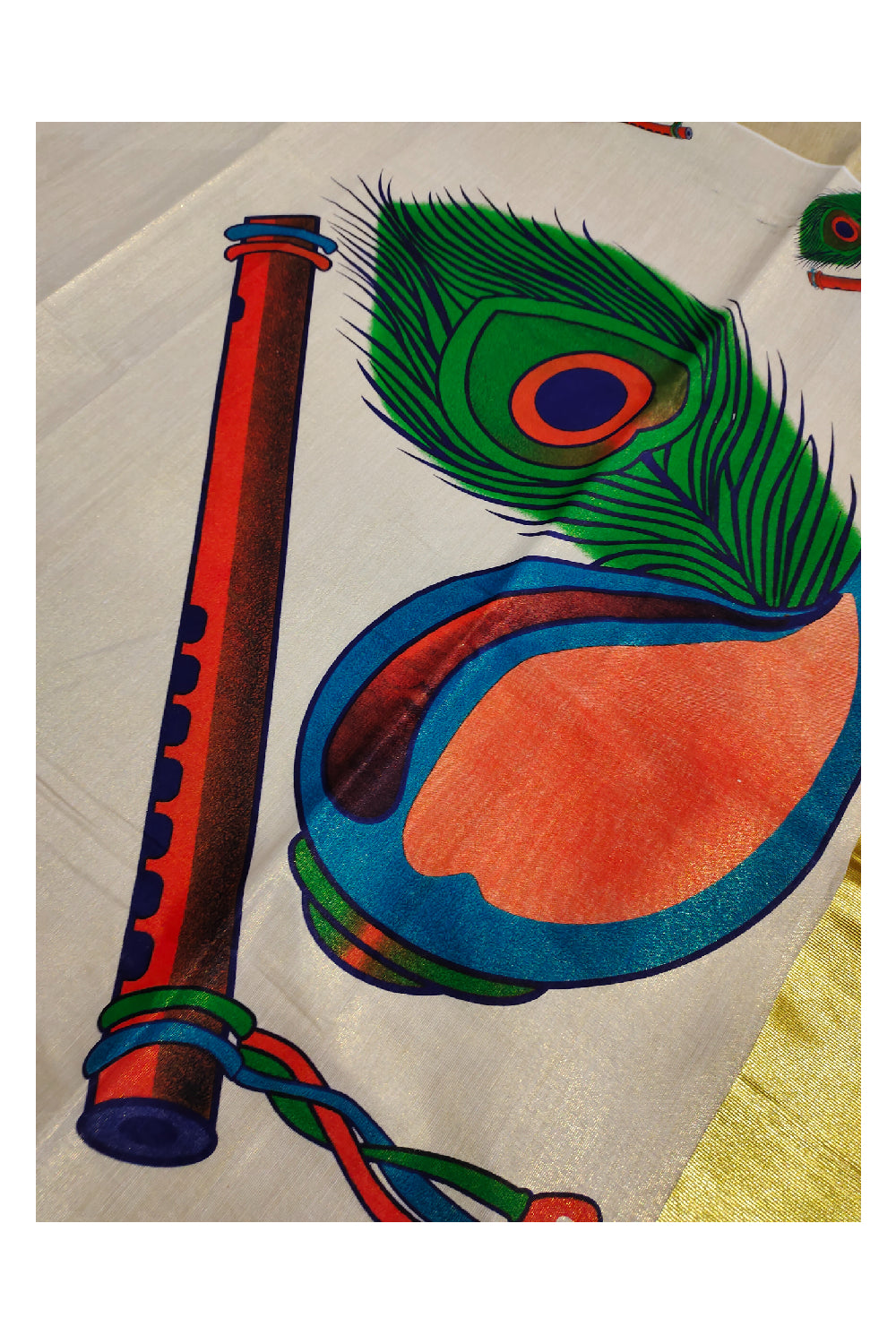 Kerala Tissue Kasavu Saree With Mural Flute and Shell Design
