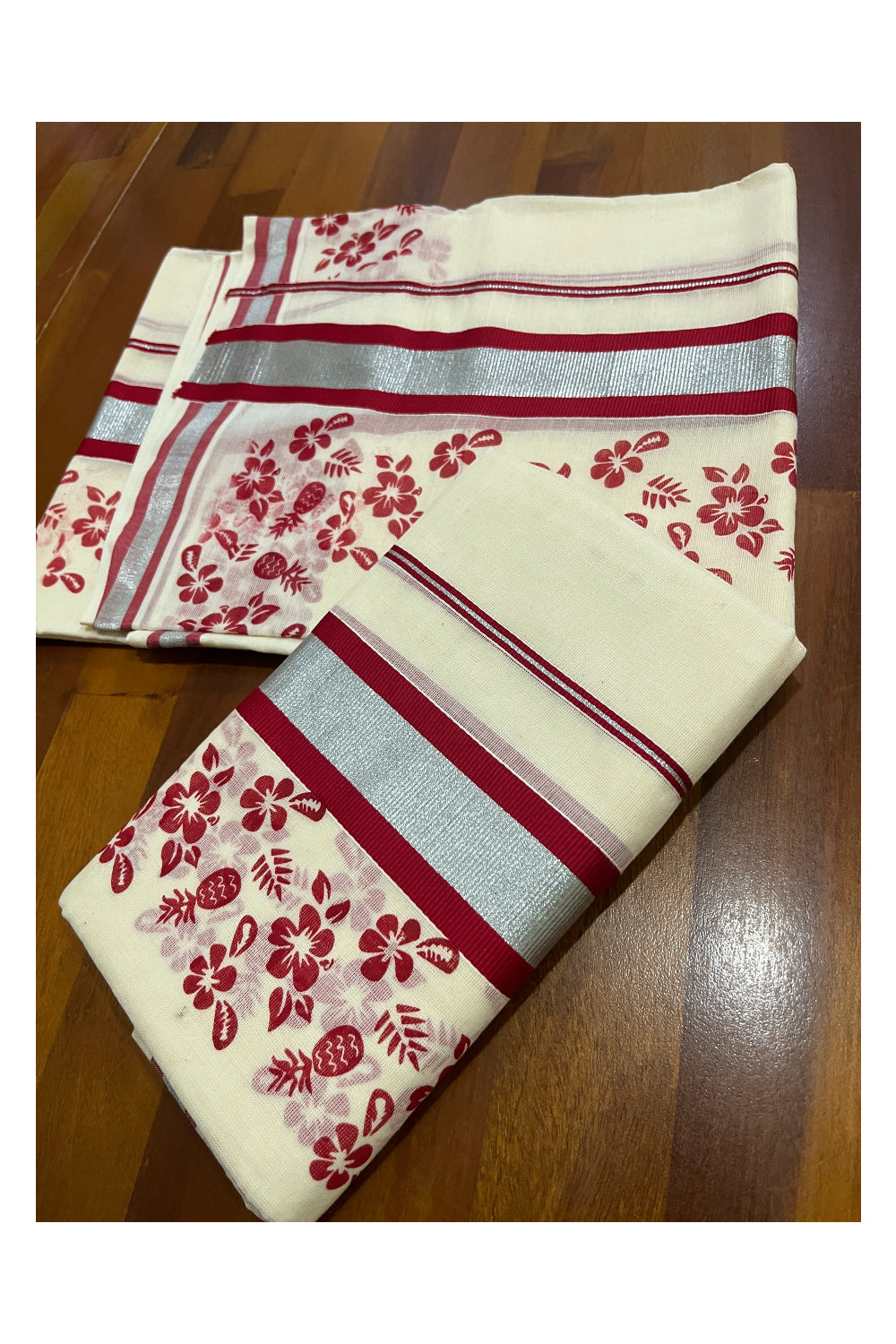 Pure Cotton Single Set Mundu (Mundum Neriyathum Onam 2023) with Silver Kasavu and Red Floral Block Prints