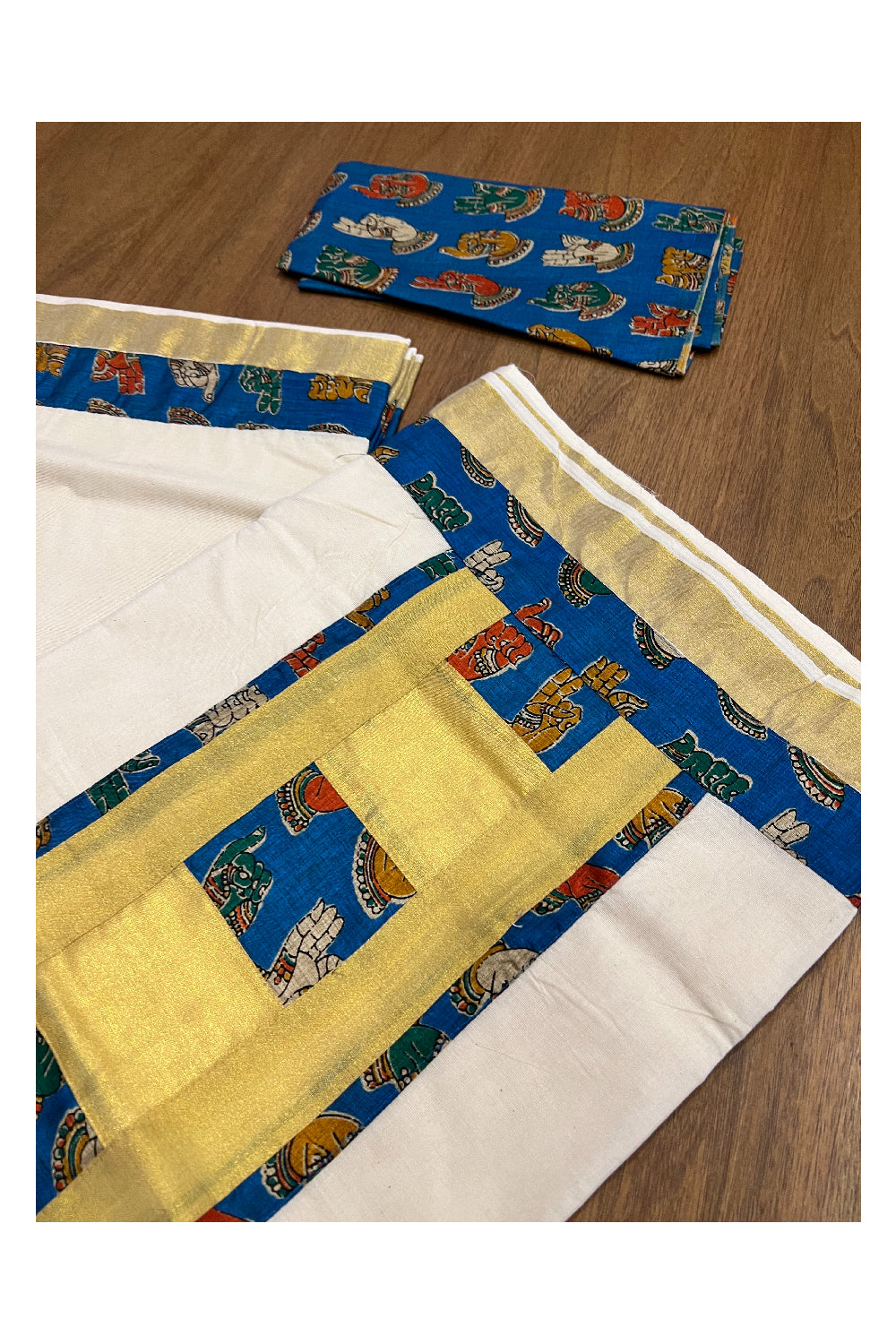 Kerala Pure Cotton Fusion Art Blue Hand Figures Printed Kasavu Saree with Printed Blouse Piece