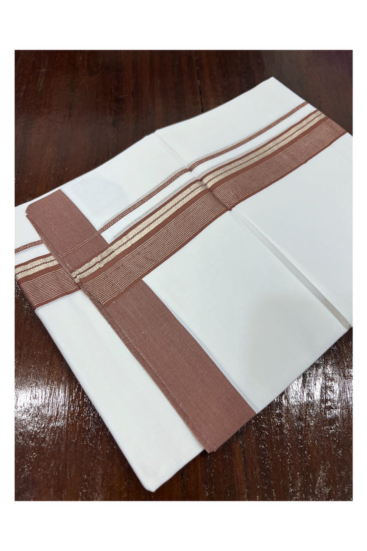 Pure White Cotton Double Mundu with Silver Kasavu and Brown Border (South Indian Dhoti)