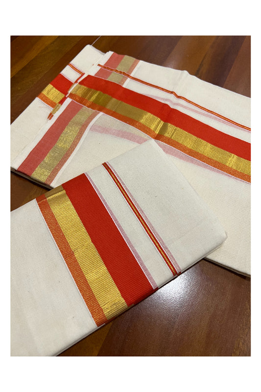 Pure Cotton Kerala Single Set Mundu (Mundum Neriyathum) with Orange and Kasavu Border 2.80 Mtrs