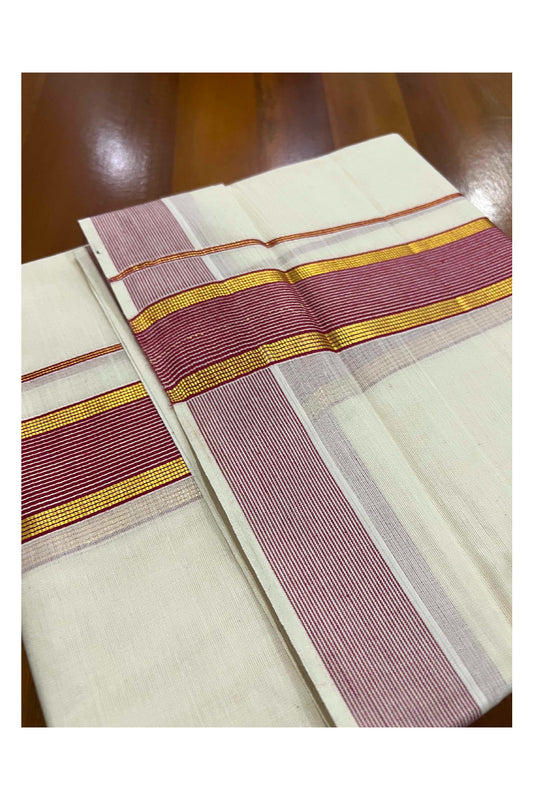 Off White Kerala Double Mundu with Dark Red and Kasavu Border (South Indian Dhoti)