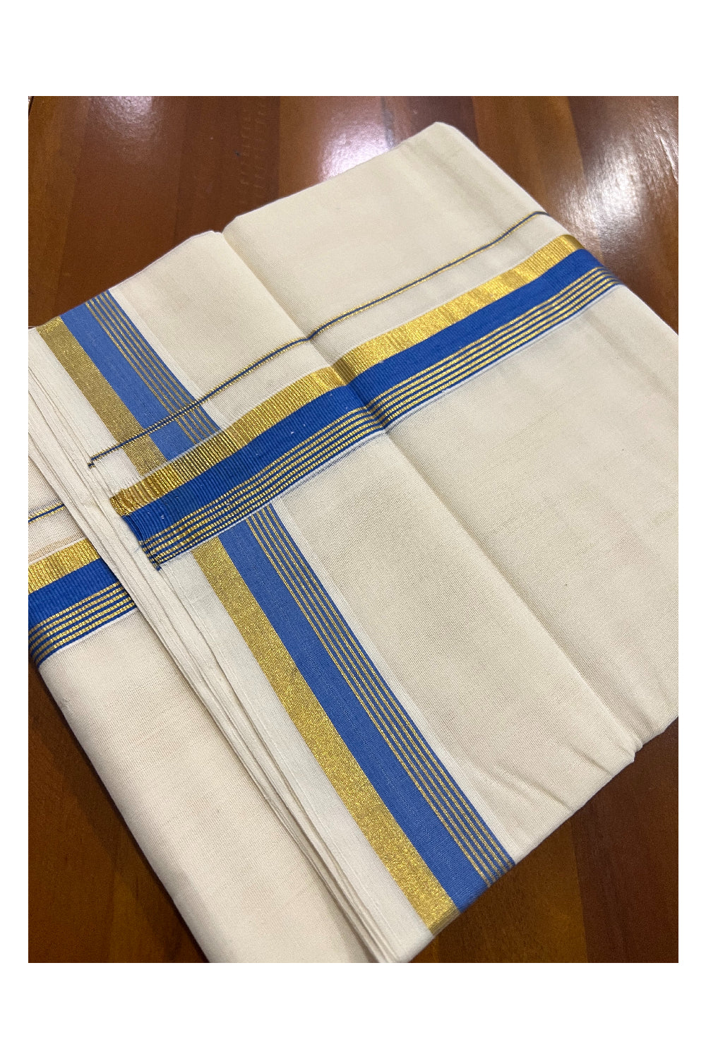 Southloom Balaramapuram Handloom Pure Cotton Mundu with Blue and Kasavu Border (South Indian Dhoti)