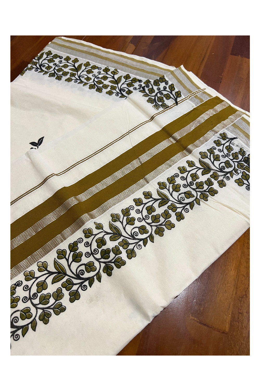 Pure Cotton Kerala Silver Kasavu Saree with Olive Green Floral Block Printed Design