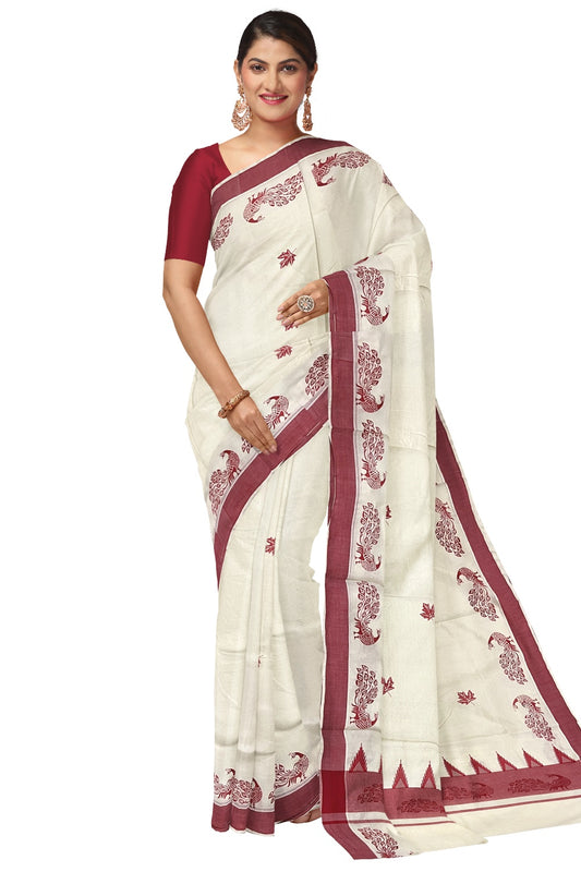 Pure Cotton Kerala Saree with Red Peacock Temple Block Printed Border