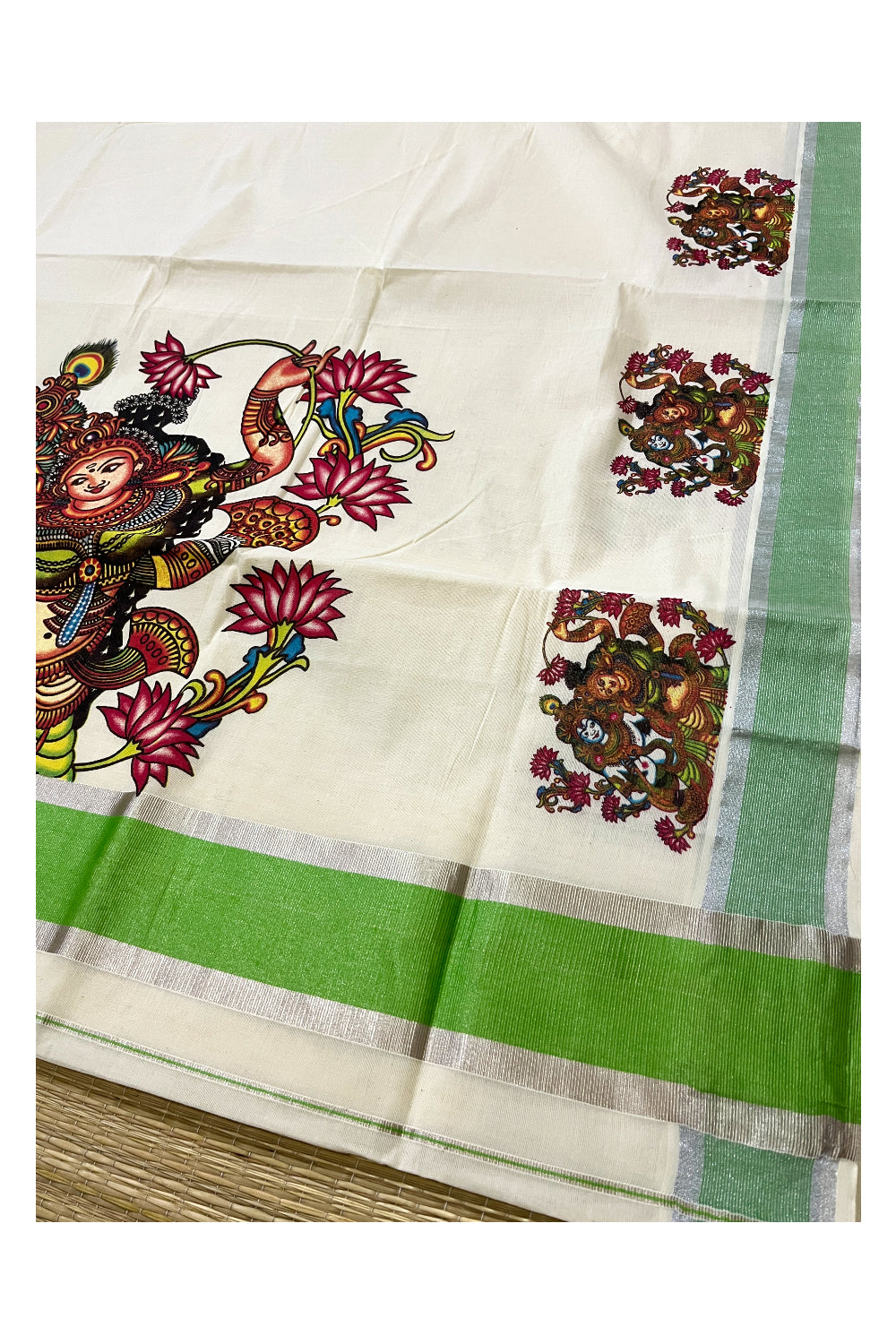 Kerala Pure Cotton Silver Kasavu Saree with Mural Krishna Radha Printed and Green Border