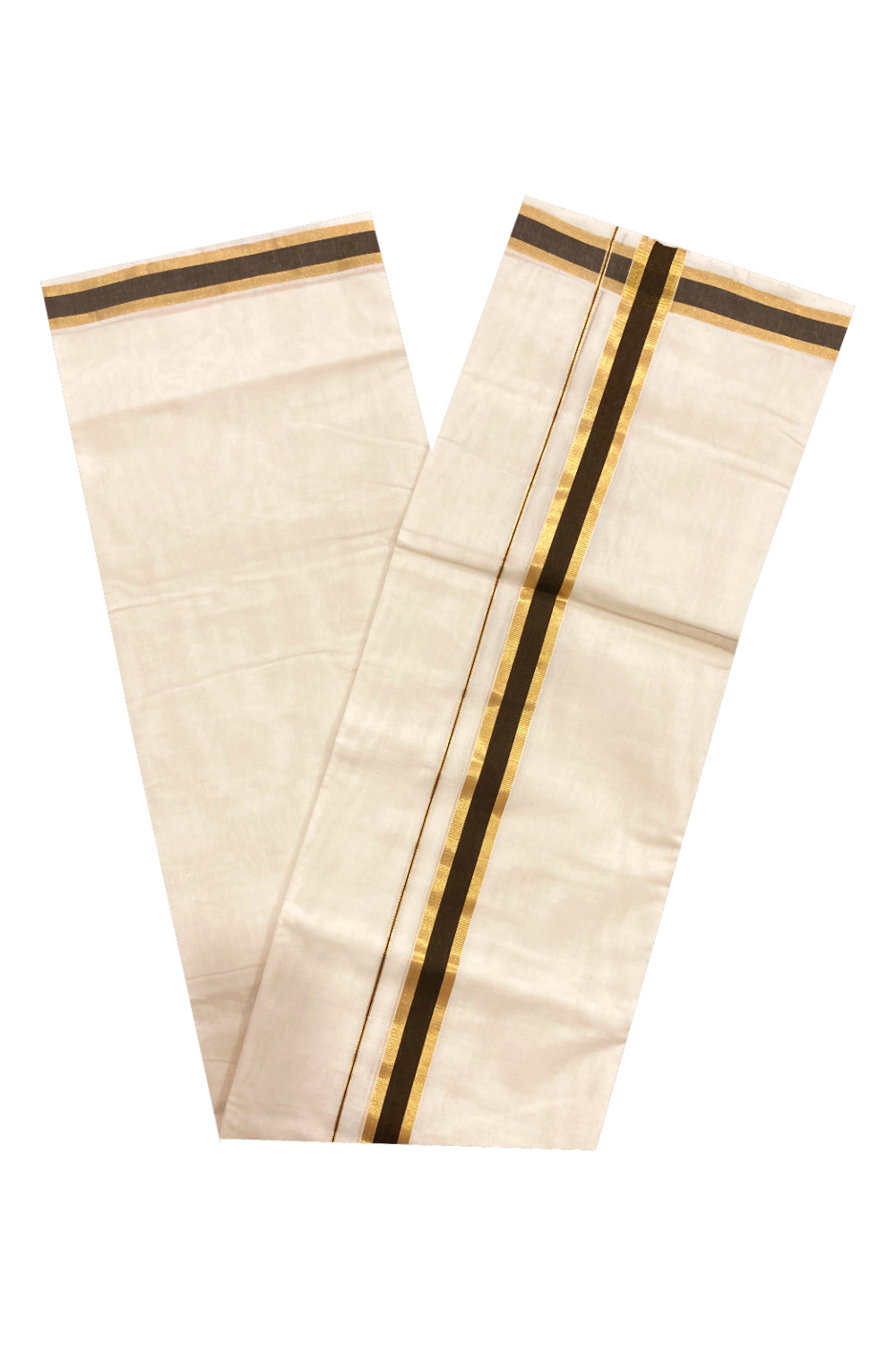 Southloom Premium Handloom Cotton Off White Mundu with Brown and Kasavu Border (South Indian Dhoti)