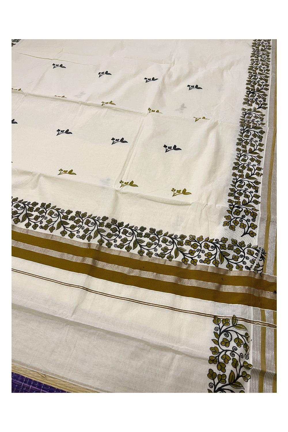 Pure Cotton Kerala Silver Kasavu Saree with Olive Green Floral Block Printed Design