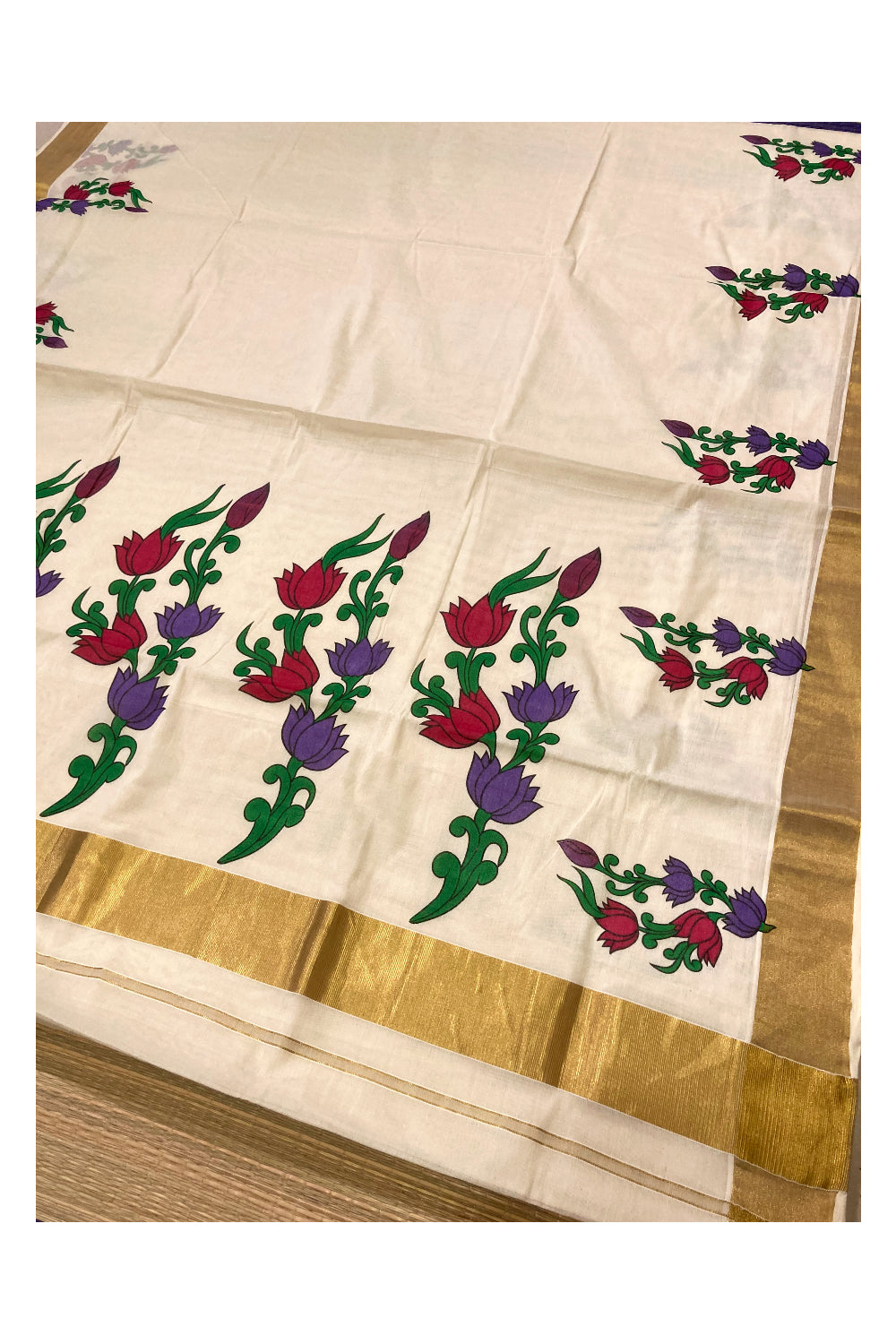 Kerala Pure Cotton Saree with Mural Printed Floral Design and Kasavu Border