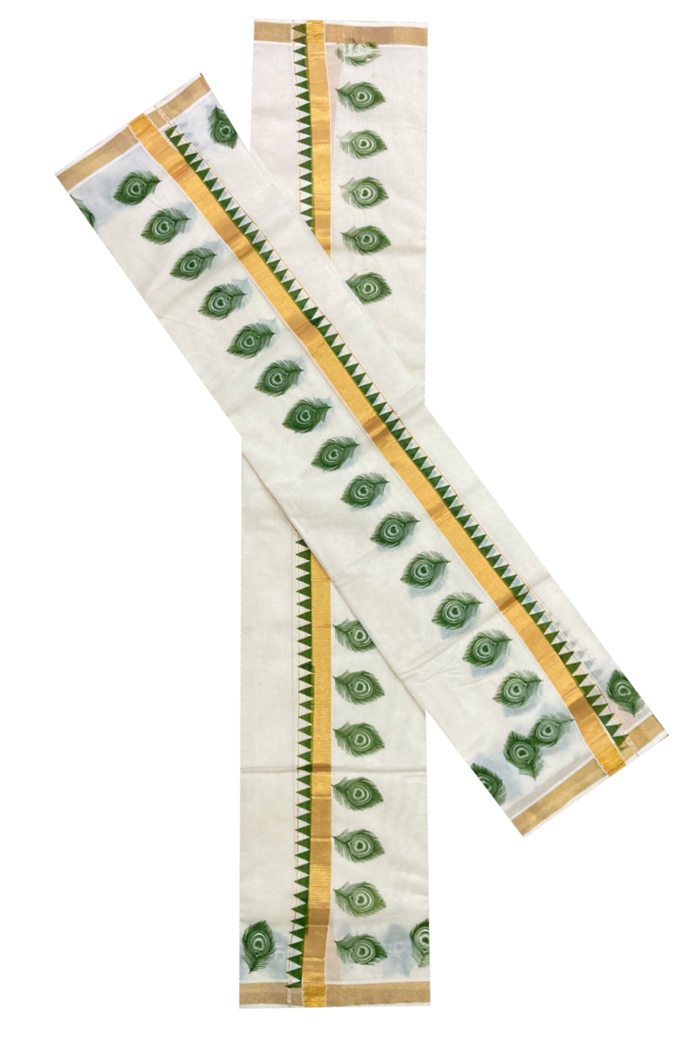 Kerala Cotton Kasavu Set Mundu (Mundum Neriyathum) with Green Feather and Temple Block Prints on Border