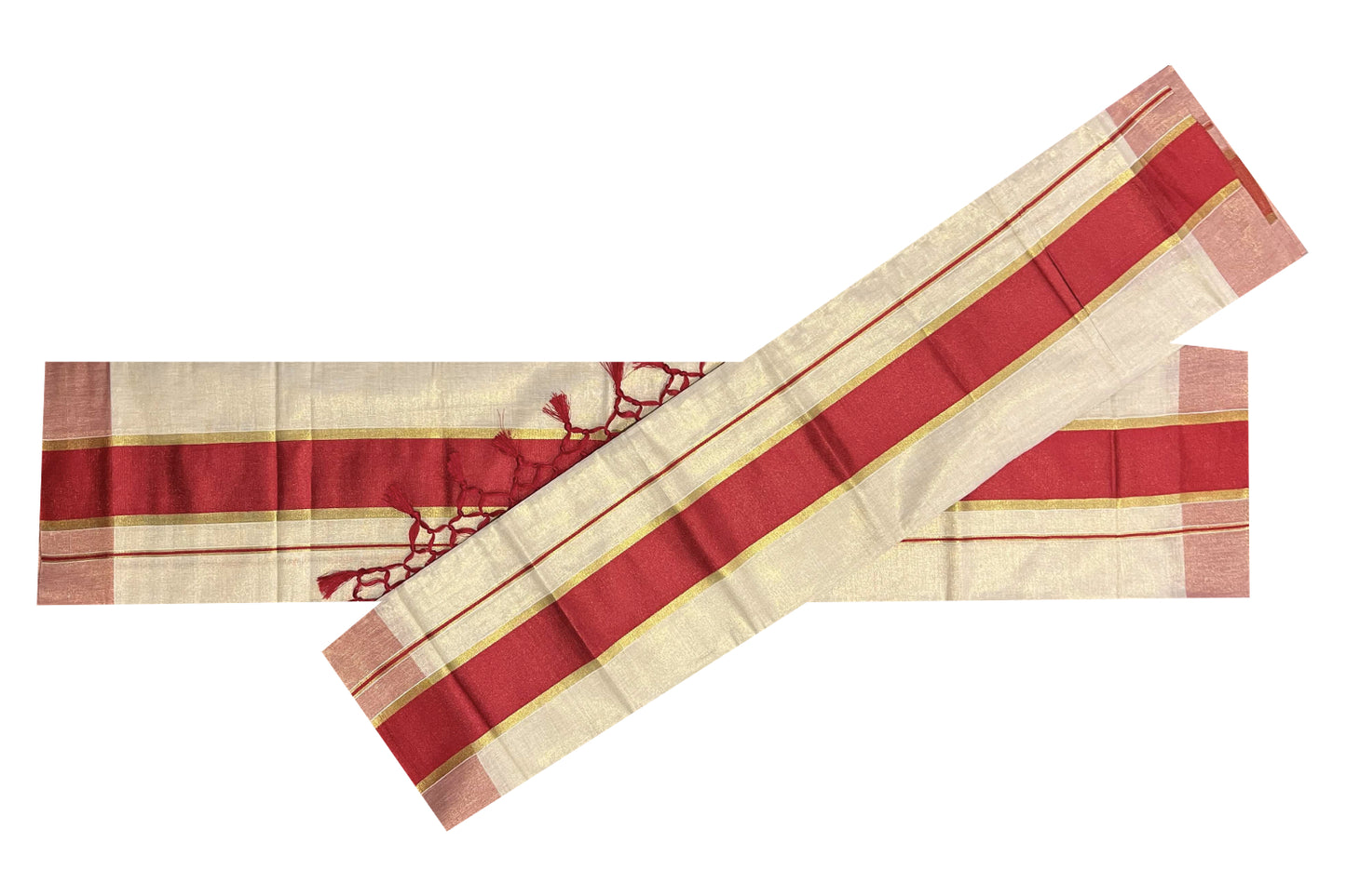 Kerala Tissue Kasavu Set Mundu (Mundum Neriyathum) with Red Kara and Tassels on Pallu