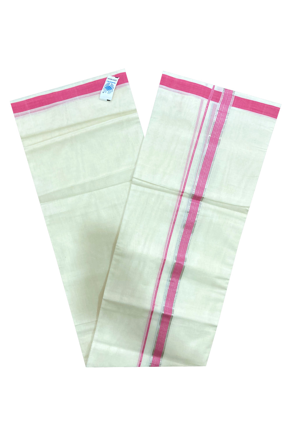 Southloom Premium Handloom Pure Cotton Mundu with Pink and Silver Kasavu Border (South Indian Kerala Dhoti)