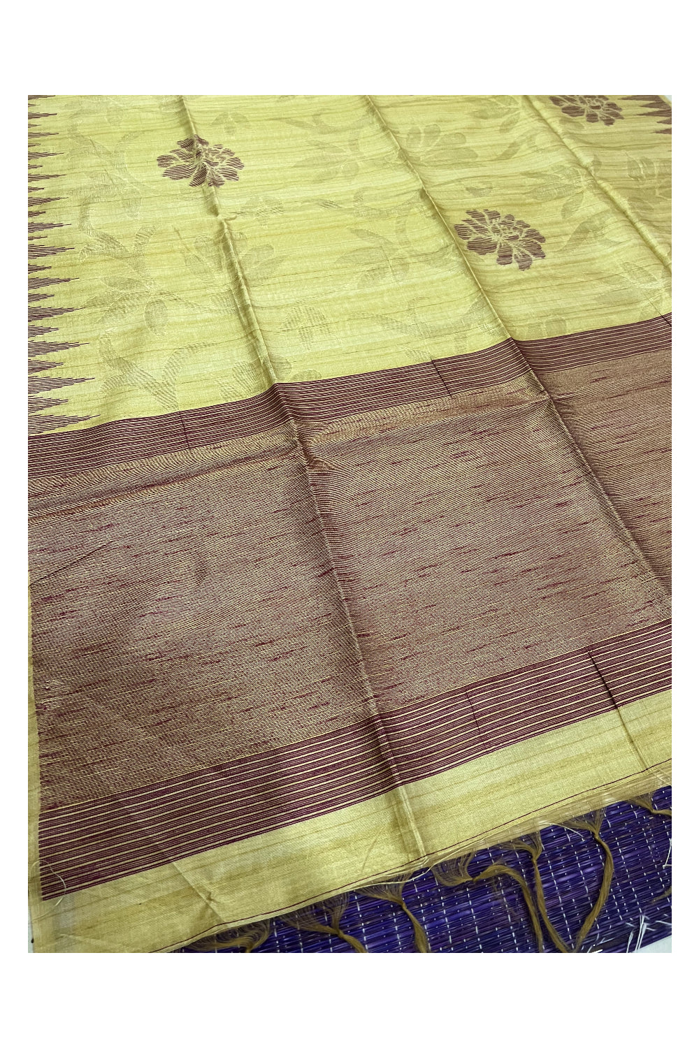 Southloom Yellowish Green Semi Tussar Designer Saree with Brown Temple Border