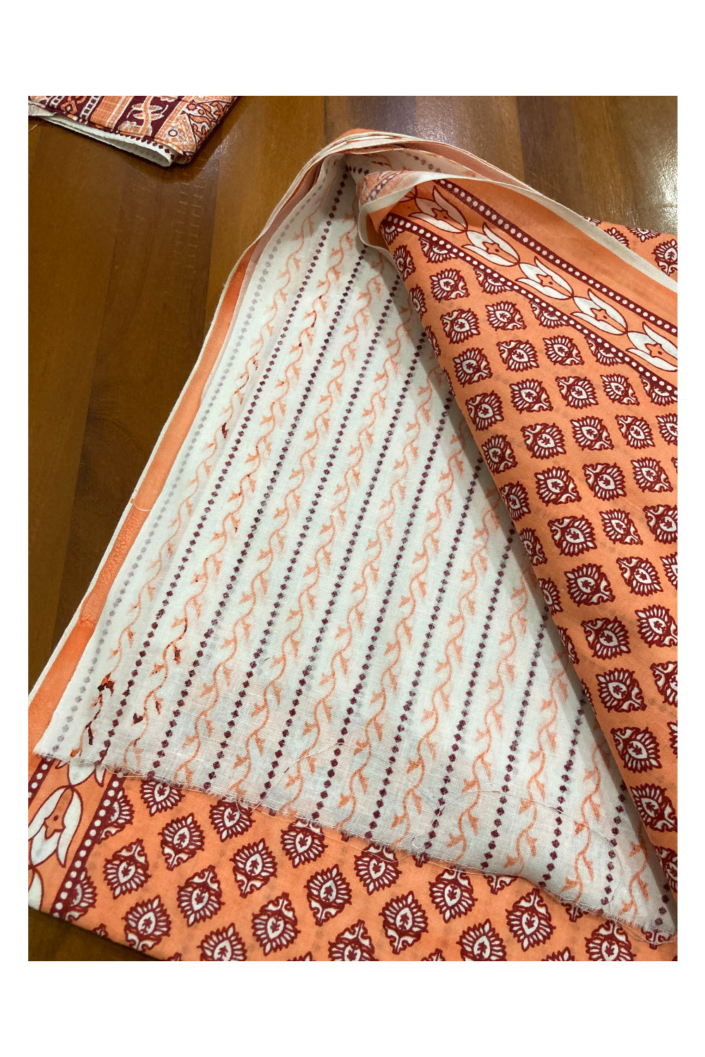 Southloom Floral Hand Block Printed Soft Cotton Jaipur Salwar Suit Material in Orange Base Colour