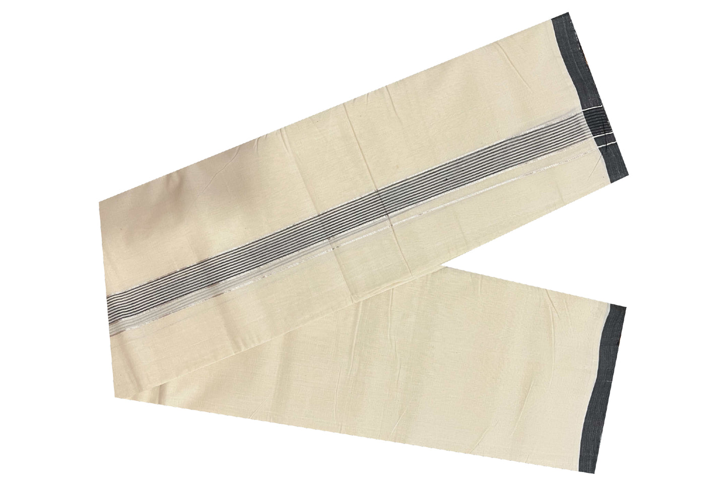 Southloom Balaramapuram Pure Cotton Handloom Mundu with Silver Kasavu and Black Lines Border