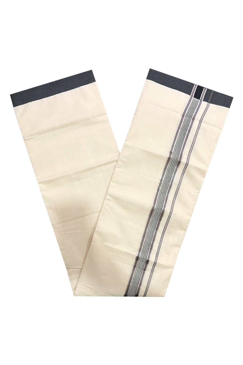 Pure Cotton Off White Double Mundu with Black and Silver Kara (South Indian Dhoti)