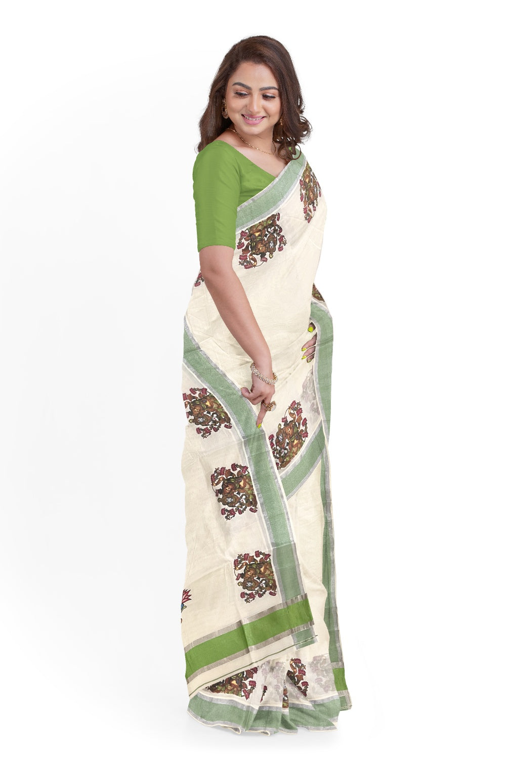 Kerala Pure Cotton Silver Kasavu Saree with Mural Krishna Radha Printed and Green Border