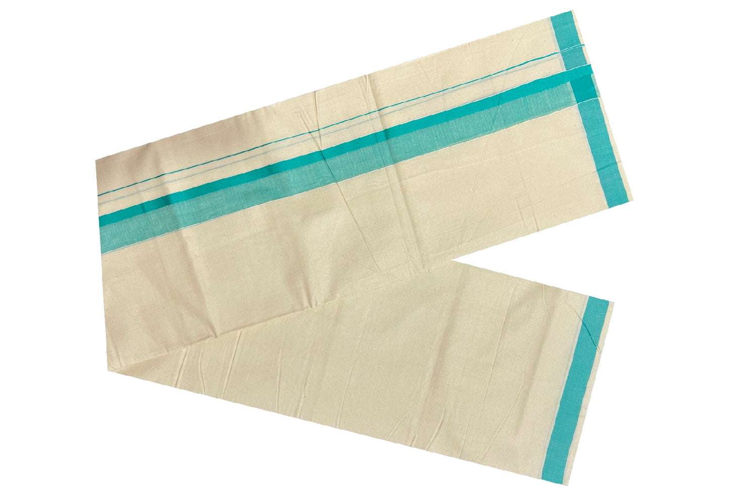 Off White Pure Cotton Double Mundu with Turquoise Shaded Kara (South Indian Dhoti)