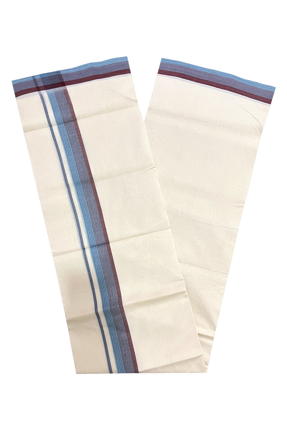 Southloom Premium Unakkupaavu Handloom Mundu with Brown and Blue Lines Border (South Indian Dhoti)