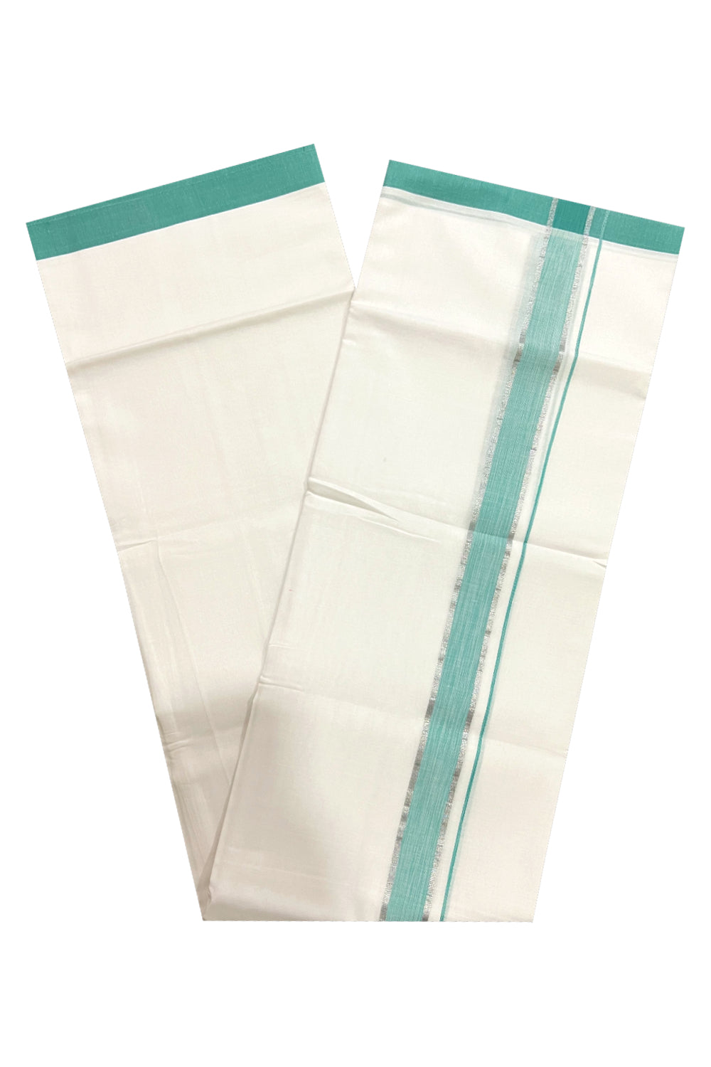 Pure White Cotton Double Mundu with Light Green and Silver Kasavu Border (South Indian Dhoti)