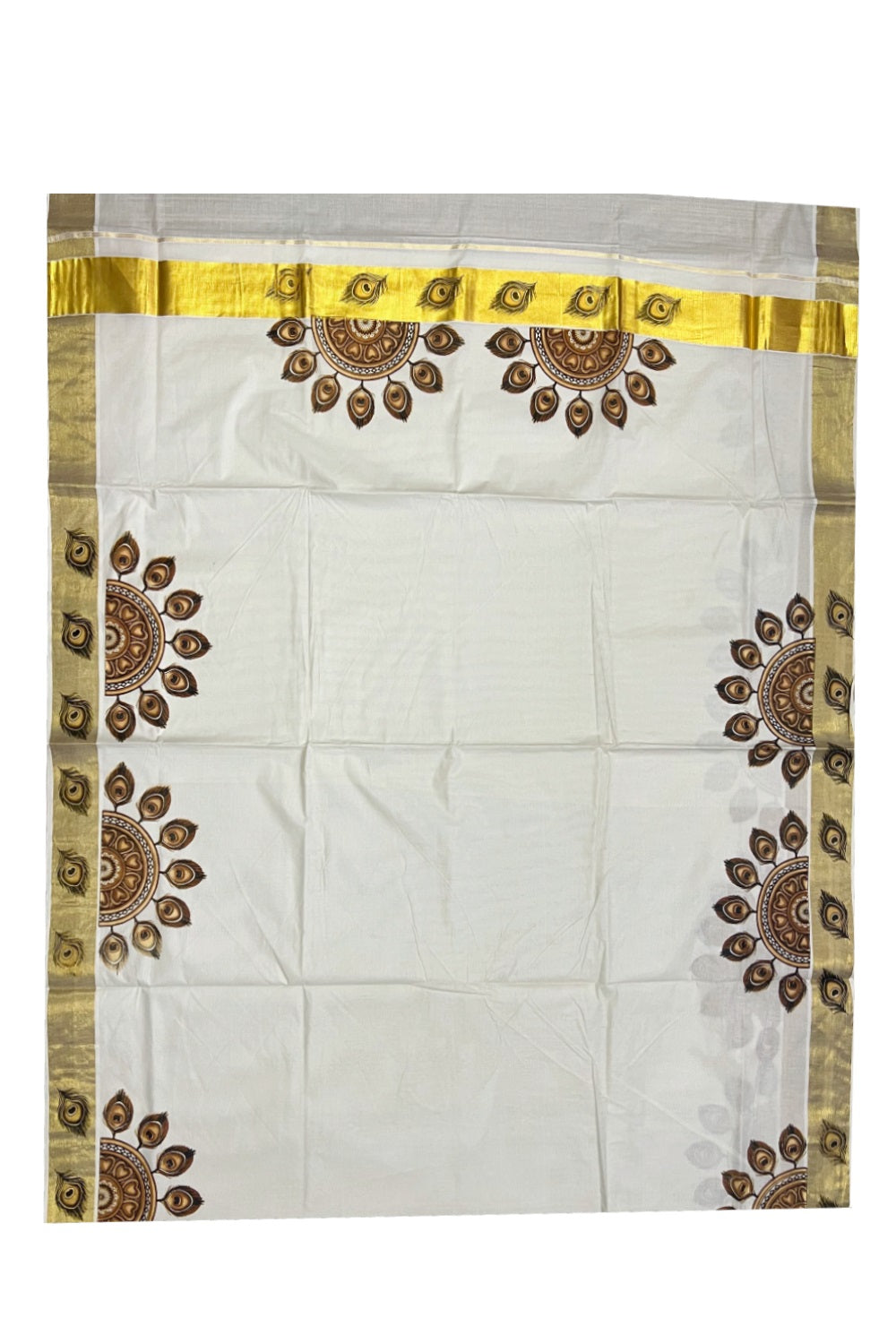 Pure Cotton Kerala Kasavu Saree with Mural Printed Brown Feather Semi Circle Design