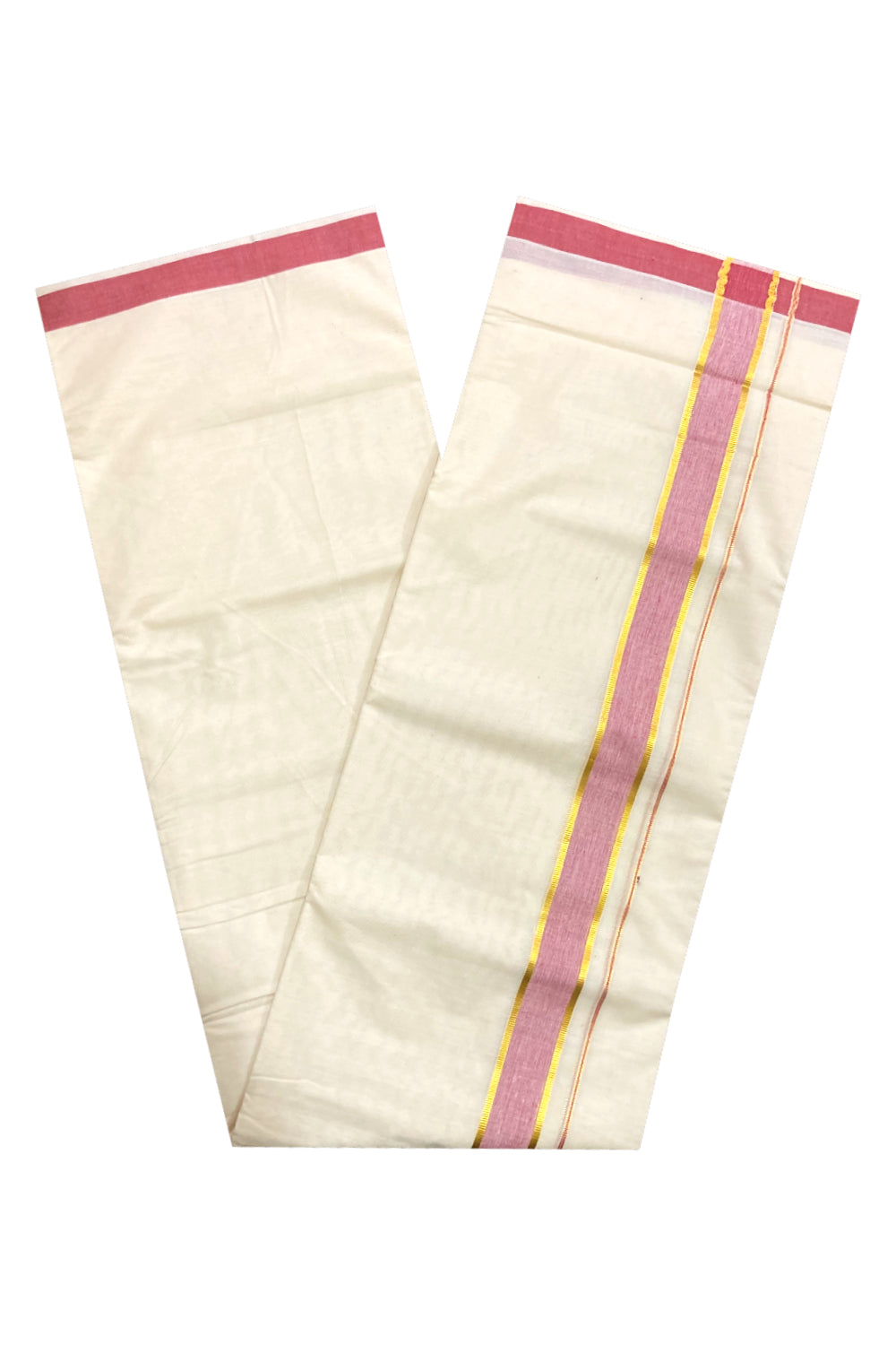 Pure Cotton Double Mundu with Red and Kasavu Border (South Indian Dhoti)