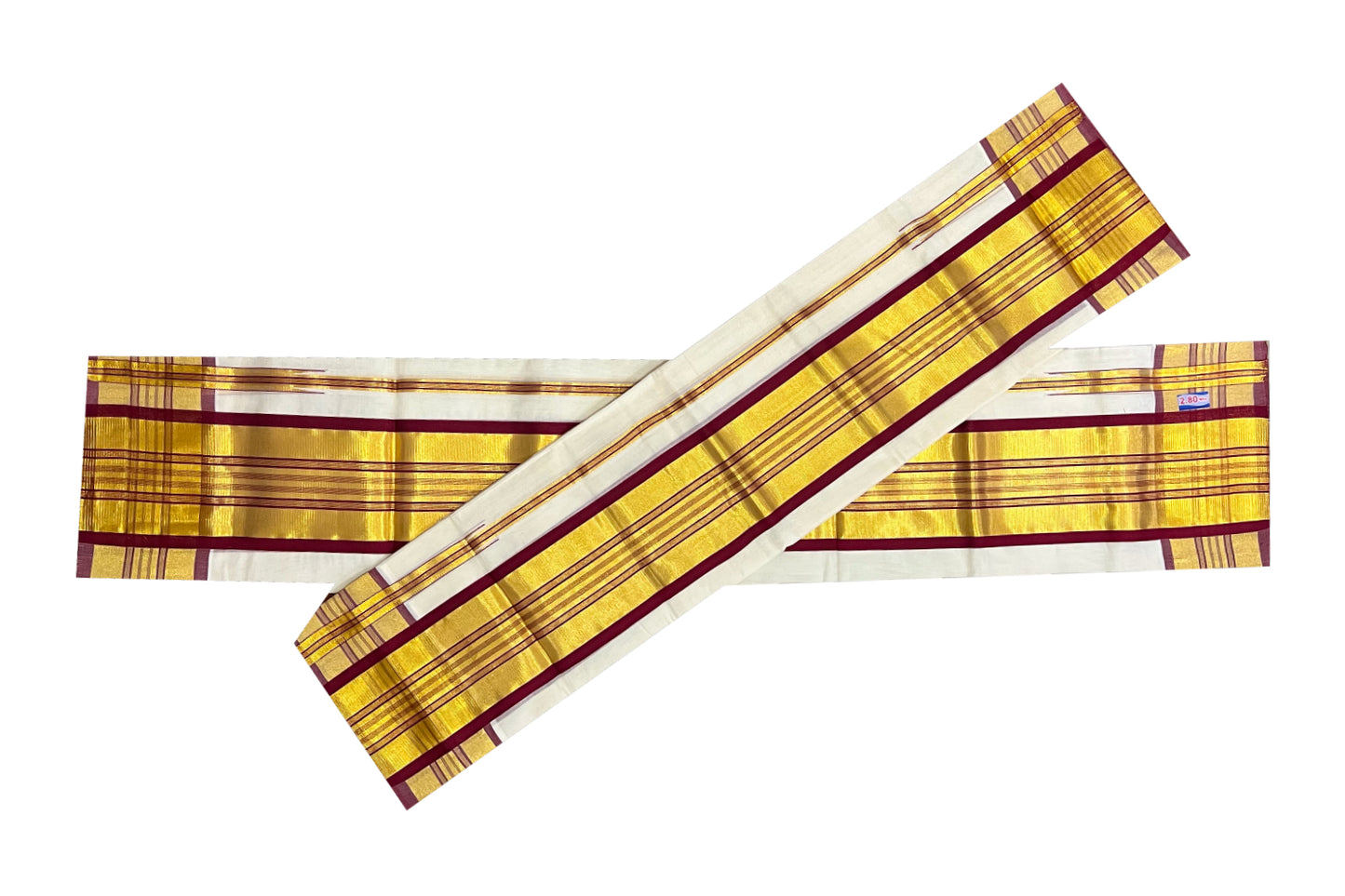 Southloom Premium Handloom Set Mundu with Kasavu and Maroon Stripes Border 2.80 Mtrs