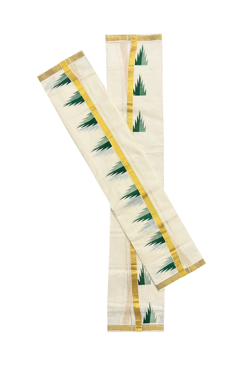 Kerala Cotton Kasavu Set Mundu (Mundum Neriyathum) with Green Temple Block Prints