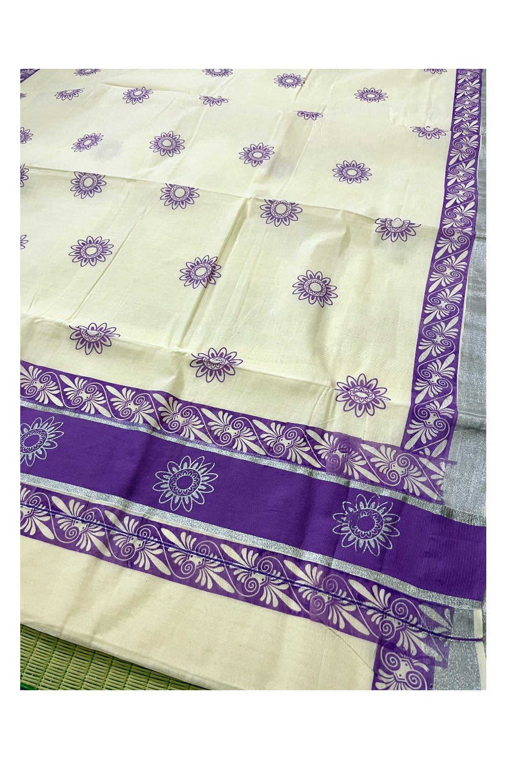 Pure Cotton Kerala Saree with Violet Block Prints and Silver Kasavu Border (Onam Saree 2023)