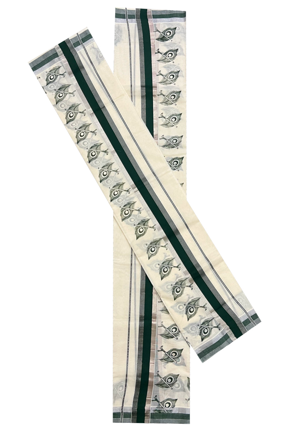 Pure Cotton Silver Kasavu Set Mundu (Mundum Neriyathum) with Dark Green Feather Block Prints on Border