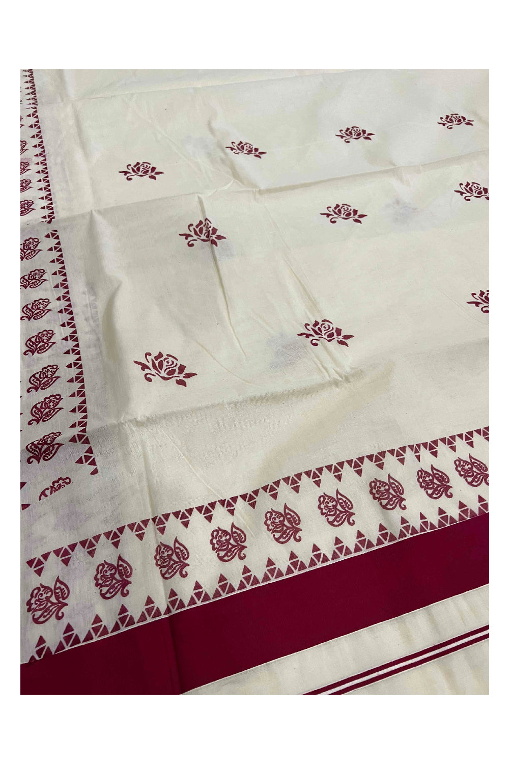 Pure Cotton Kerala Saree with Maroon Floral Block Printed Border