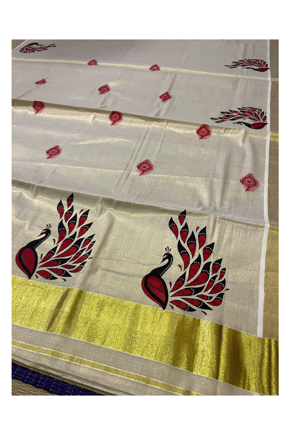 Kerala Tissue Kasavu Saree With Red Peacock Mural Design