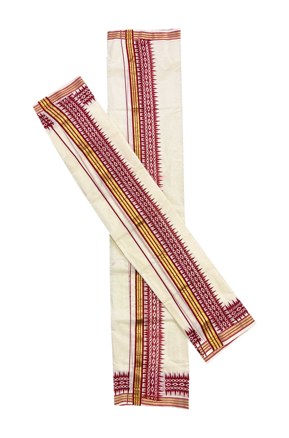 Pure Cotton Kasavu Single Set Mundu (Mundum Neriyathum Vishu 2023) with Red Temple Block Prints on Border