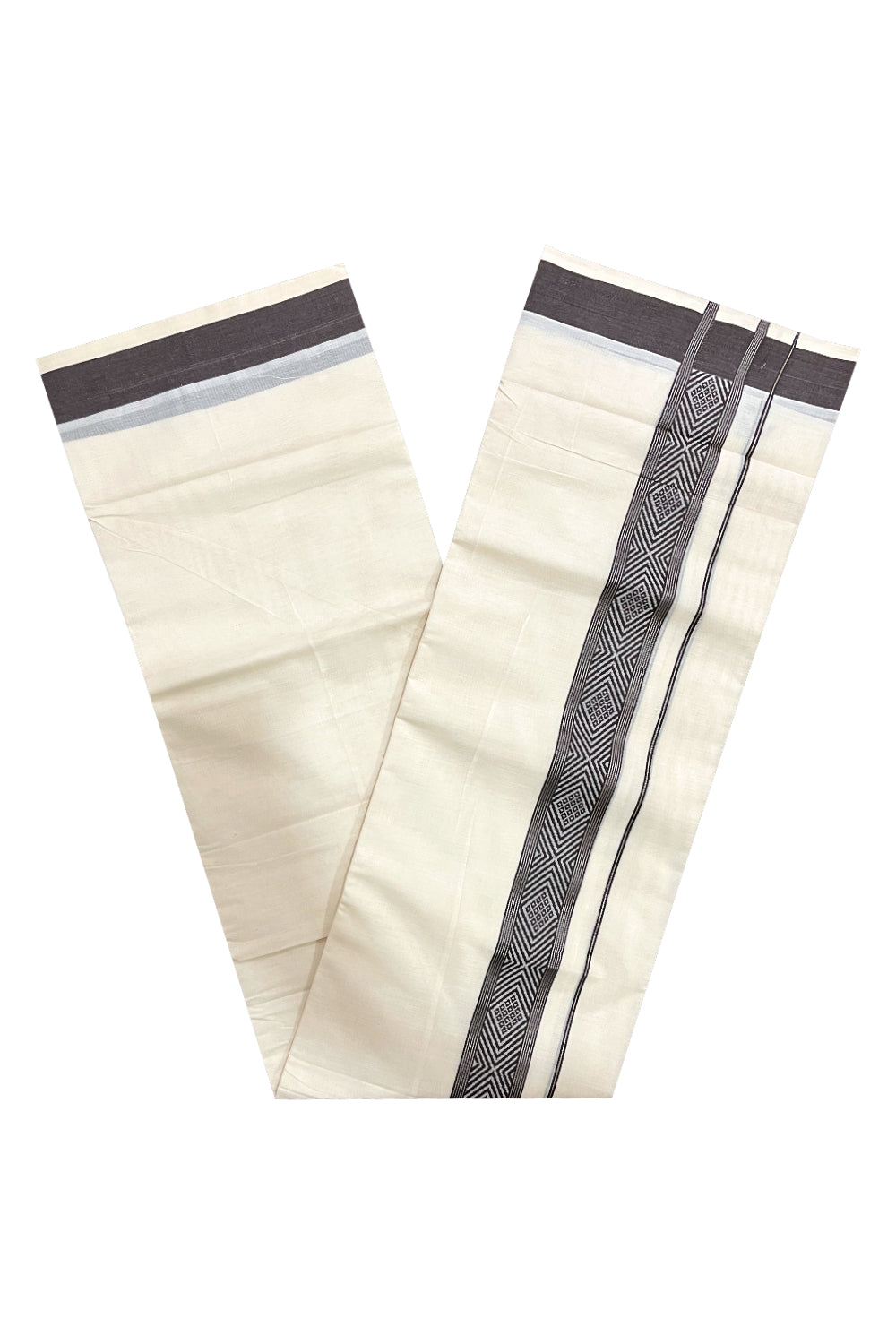 Pure Cotton Off White Double Mundu with Silver Kasavu and Dark Brown Woven Border (South Indian Dhoti)