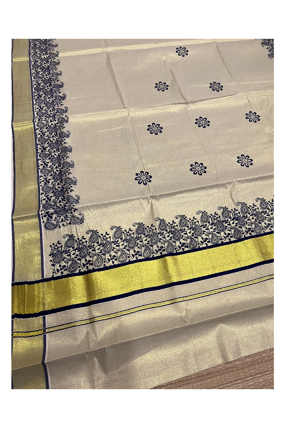 Kerala Tissue Kasavu Saree With Dark Blue Mural Paisley Design