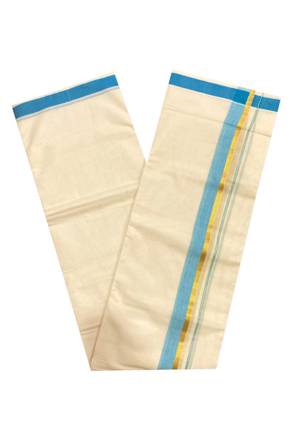 Pure Cotton Off White Double Mundu with Blue and Kasavu Border (South Indian Dhoti)