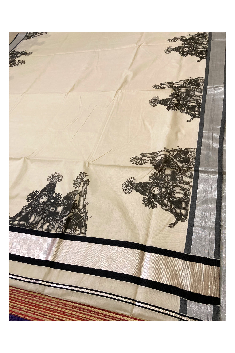 Kerala Pure Cotton Silver Kasavu Saree with Krishna Radha Mural Prints