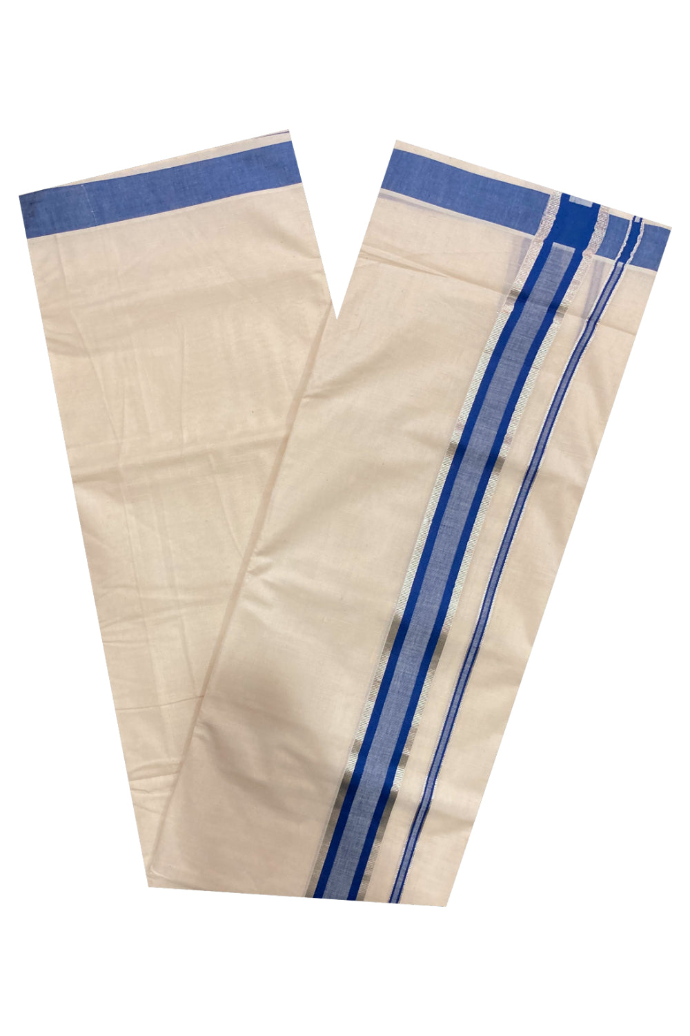 Pure Cotton Double Mundu with Blue and Silver Kasavu Border (South Indian Dhoti)
