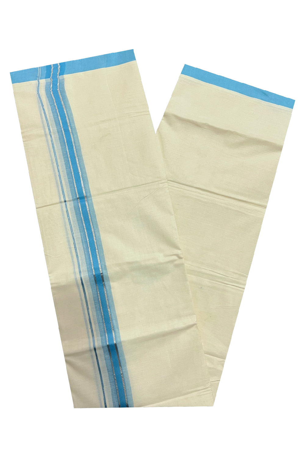 Pure Cotton Off White Double Mundu with Silver Kasavu and Light Blue Border (South Indian Dhoti)