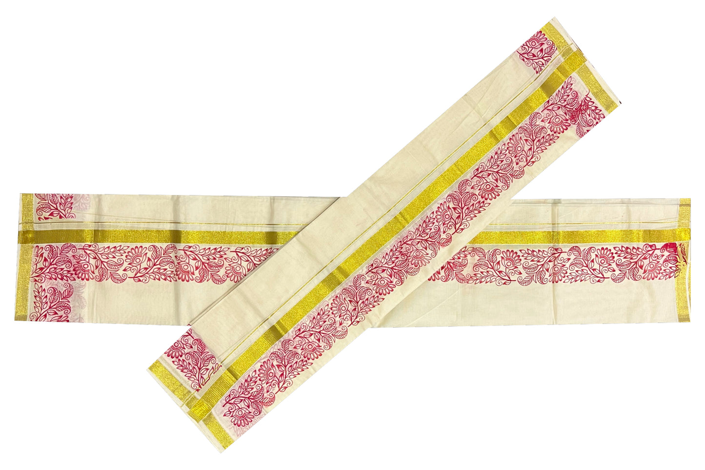 Kerala Cotton Kasavu Set Mundu (Mundum Neriyathum) with Red Floral Block Prints on Border